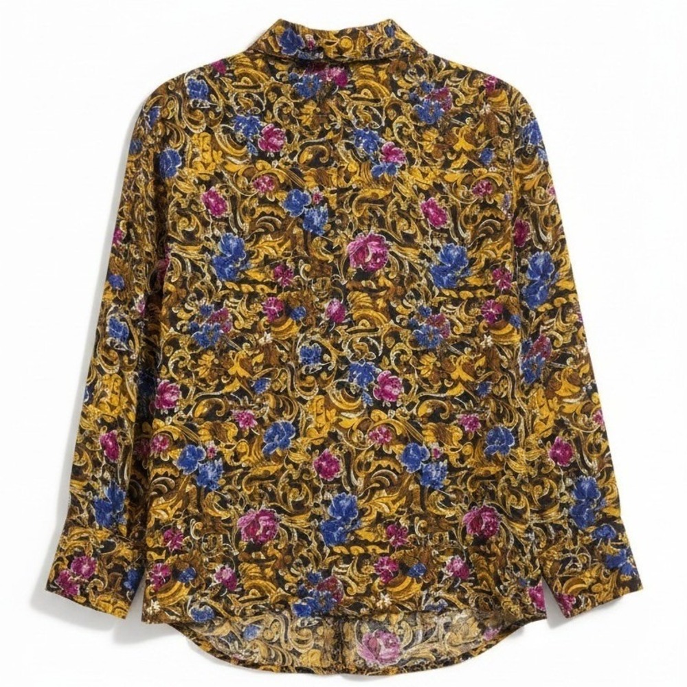 Jordan Baroque Floral Button Down Blouse, Gold Blue Purple, Women's Size 12‎